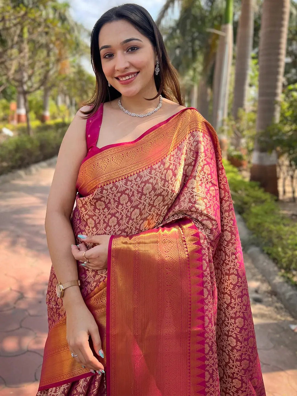 Red & Orange Banarasi Silk Saree with Golden Zari Weaving