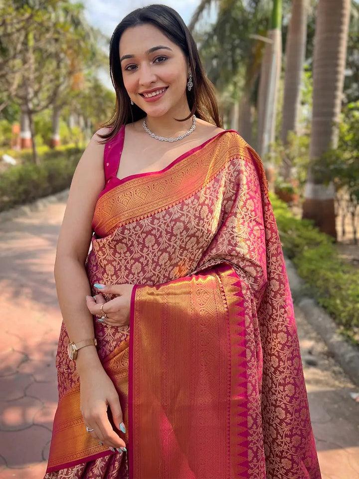Red & Orange Banarasi Silk Saree with Golden Zari Weaving