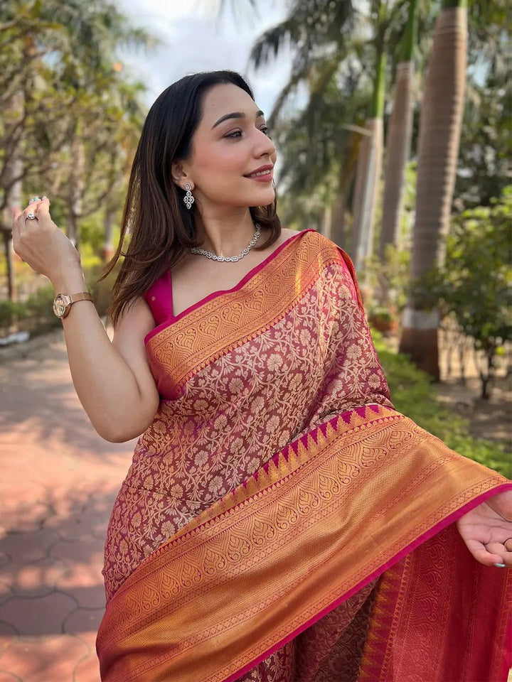 Red & Orange Banarasi Silk Saree with Golden Zari Weaving