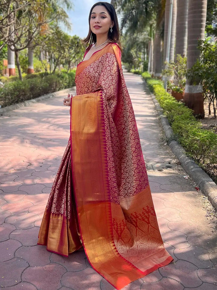 Red & Orange Banarasi Silk Saree with Golden Zari Weaving