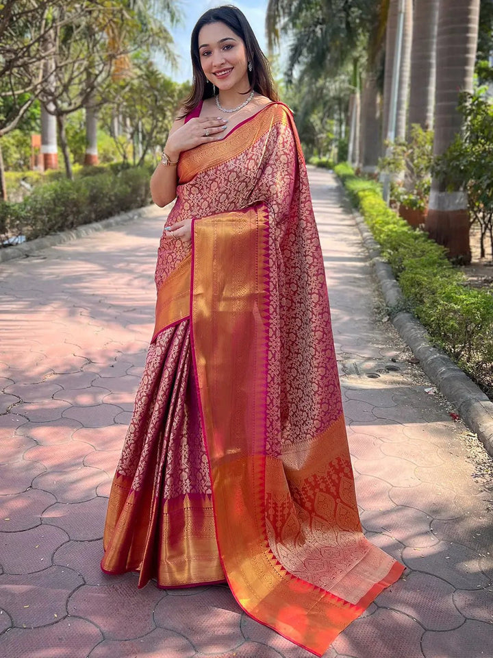 Red & Orange Banarasi Silk Saree with Golden Zari Weaving