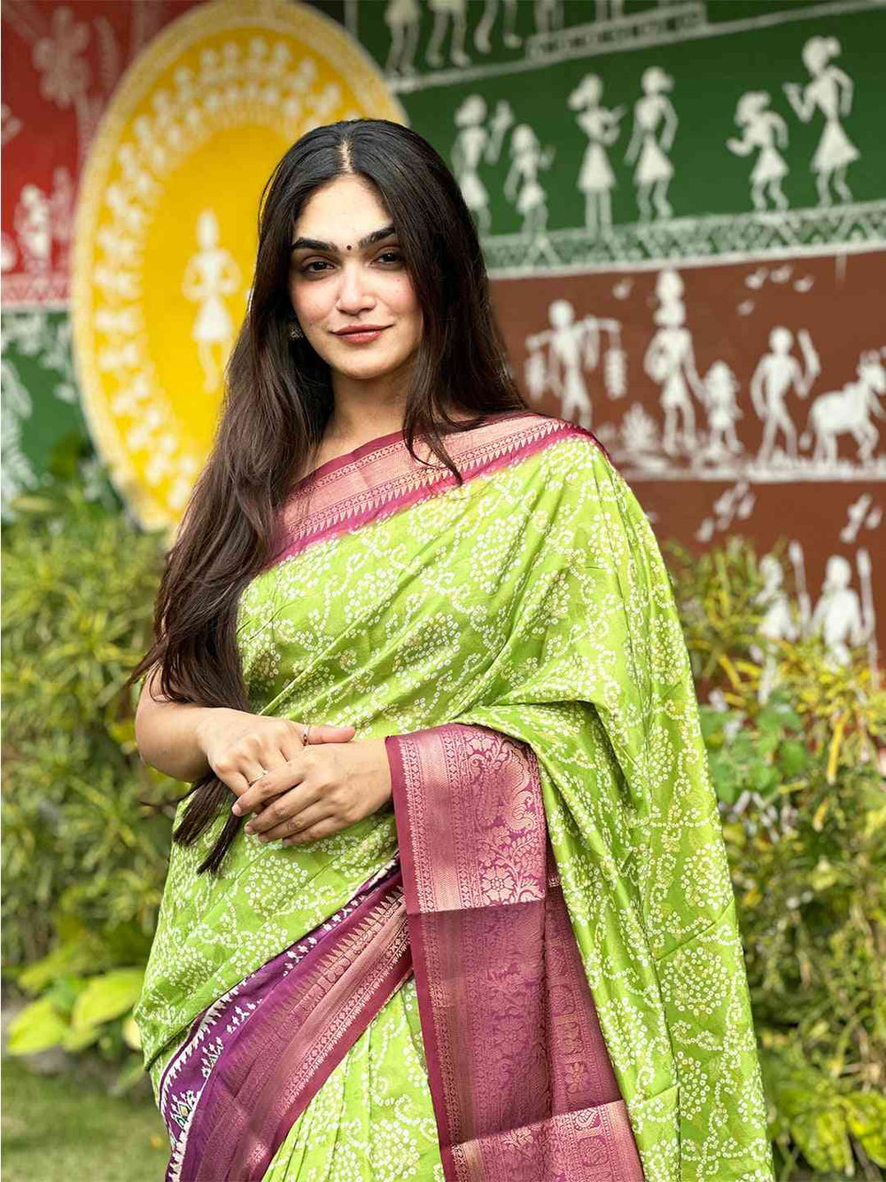 Lime Green Soft Silk Saree with Wine Maroon Zari Border & Tribal Motif Pallu