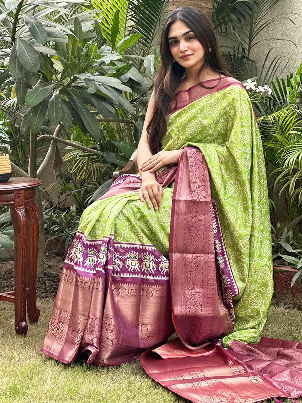 Lime Green Bandhani Soft Silk Saree with Contrast Purple Zari Border