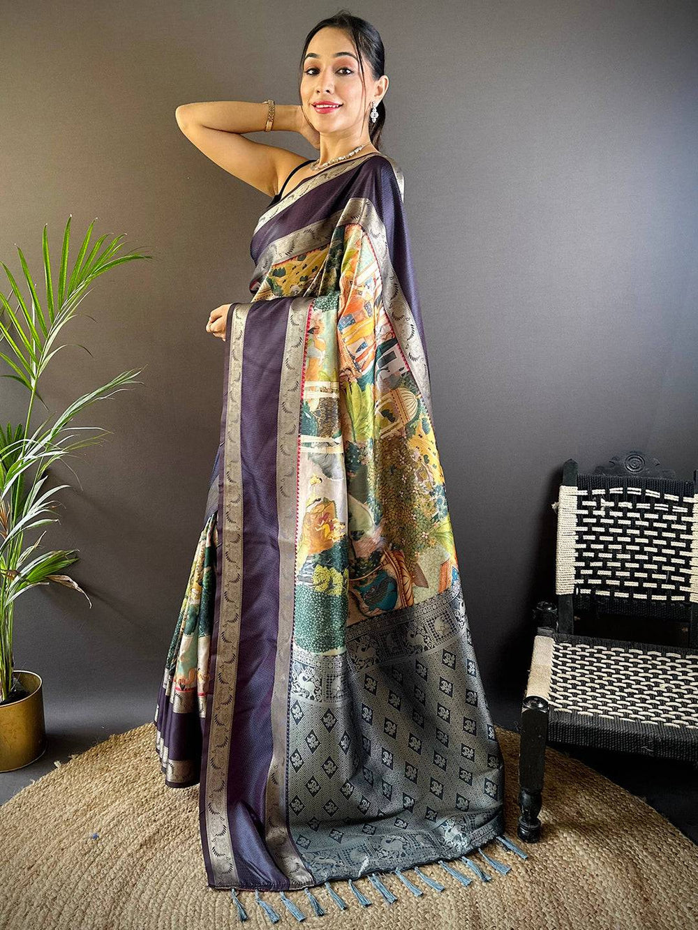 Purple Banarasi Silk Saree with Digital Print Pallu & Silver Zari Weaving