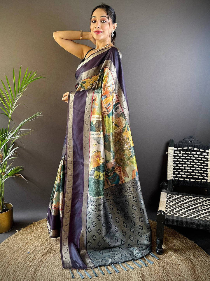 Purple Banarasi Silk Saree with Digital Print Pallu & Silver Zari Weaving