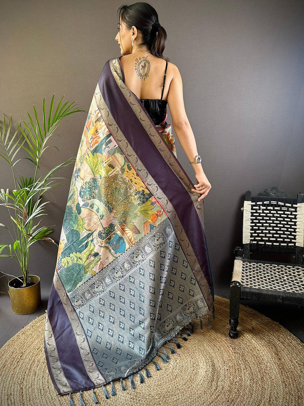 Purple Banarasi Silk Saree with Digital Print Pallu & Silver Zari Weaving