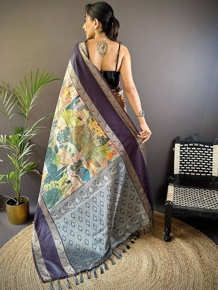 Purple Banarasi Silk Saree with Digital Print Pallu & Silver Zari Weaving