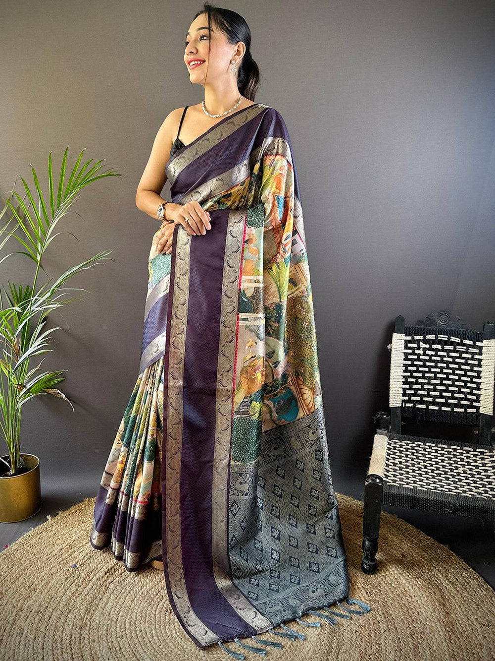 Purple Banarasi Silk Saree with Digital Print Pallu & Silver Zari Weaving