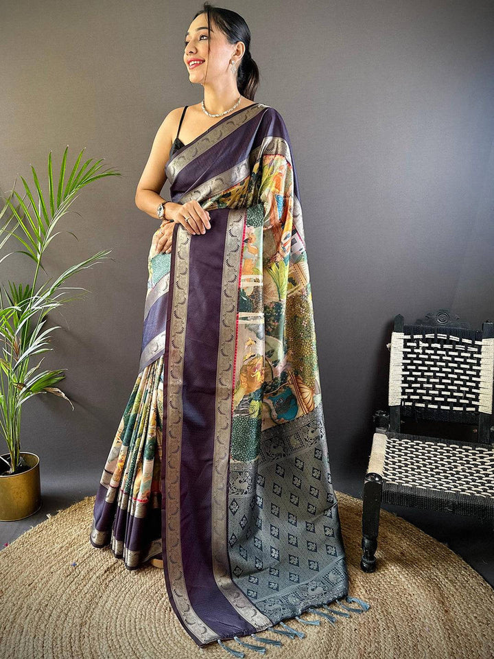 Purple Banarasi Silk Saree with Digital Print Pallu & Silver Zari Weaving