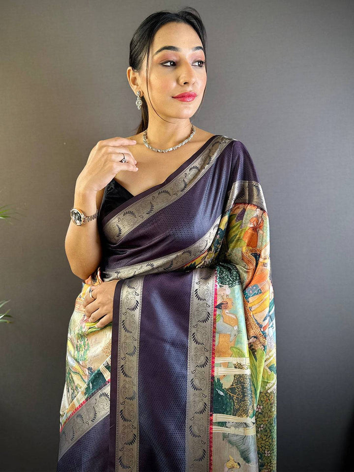Purple Banarasi Silk Saree with Digital Print Pallu & Silver Zari Weaving