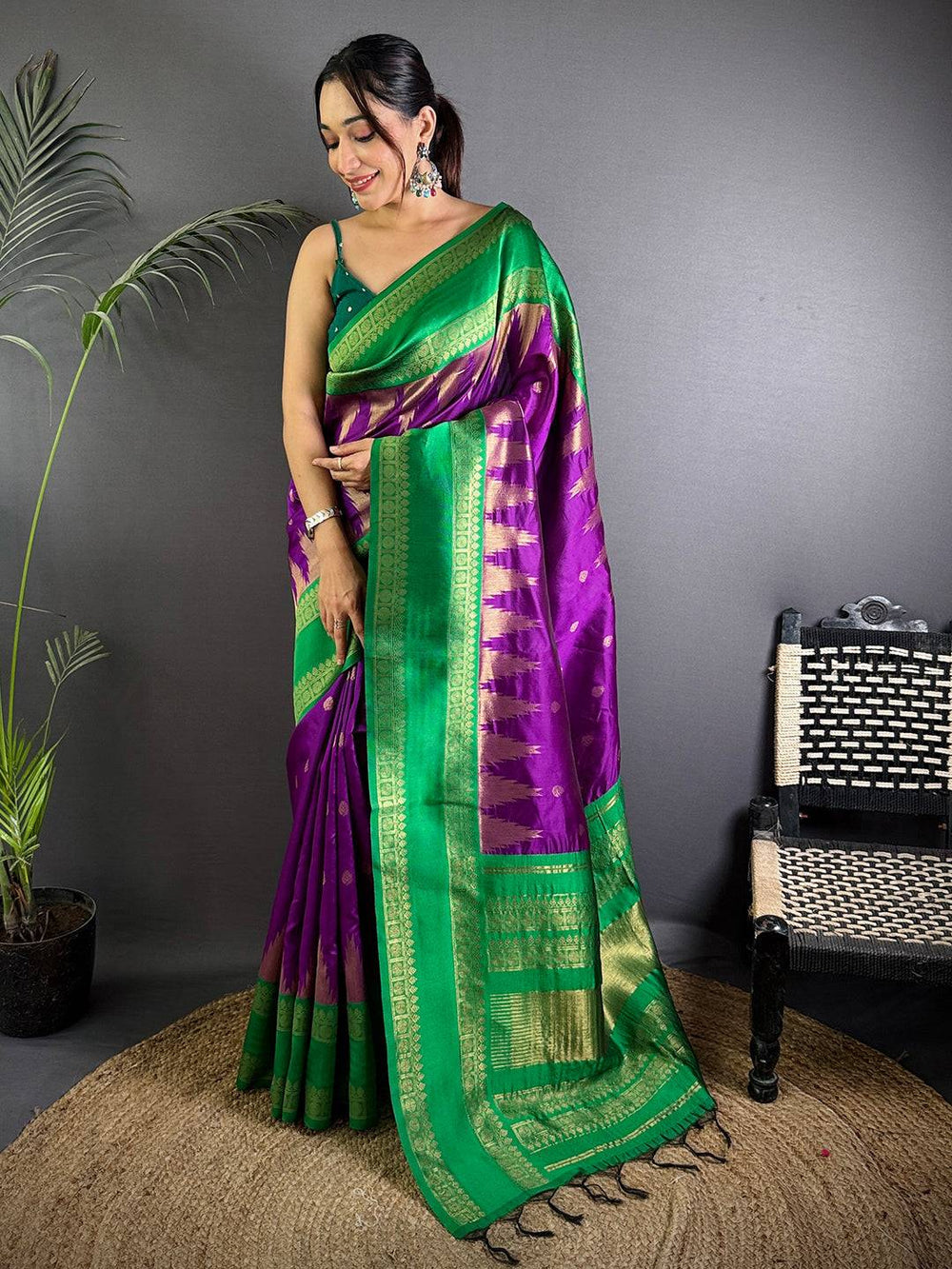 Green & Purple Kanjivaram Banarasi Silk Saree with Golden Zari Weaving Border