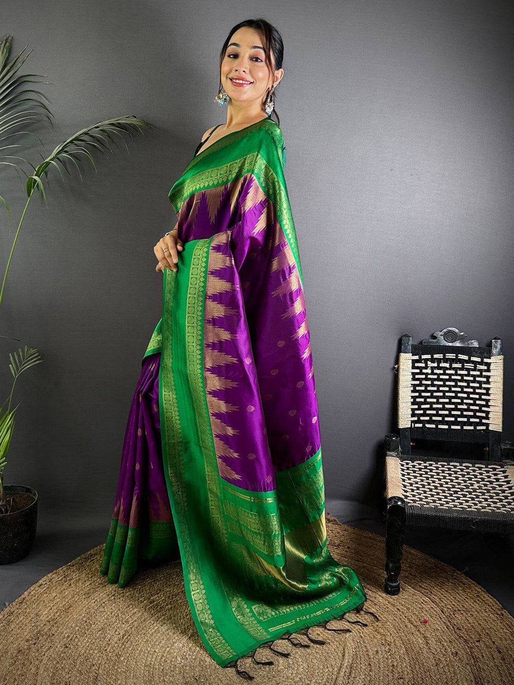 Green & Purple Kanjivaram Banarasi Silk Saree with Golden Zari Weaving Border