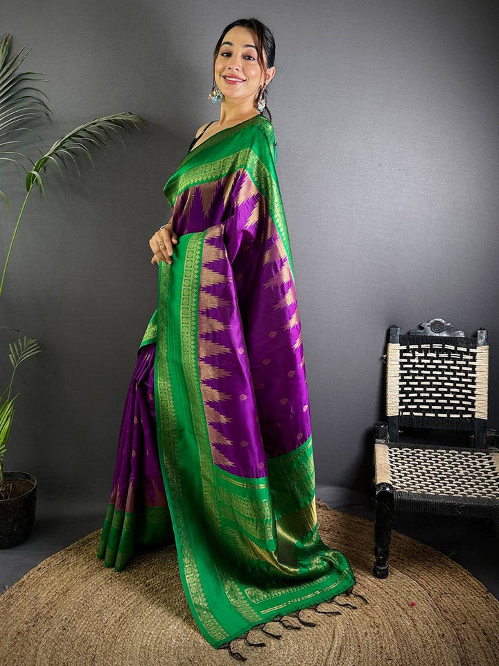 Green & Purple Kanjivaram Banarasi Silk Saree with Golden Zari Weaving Border