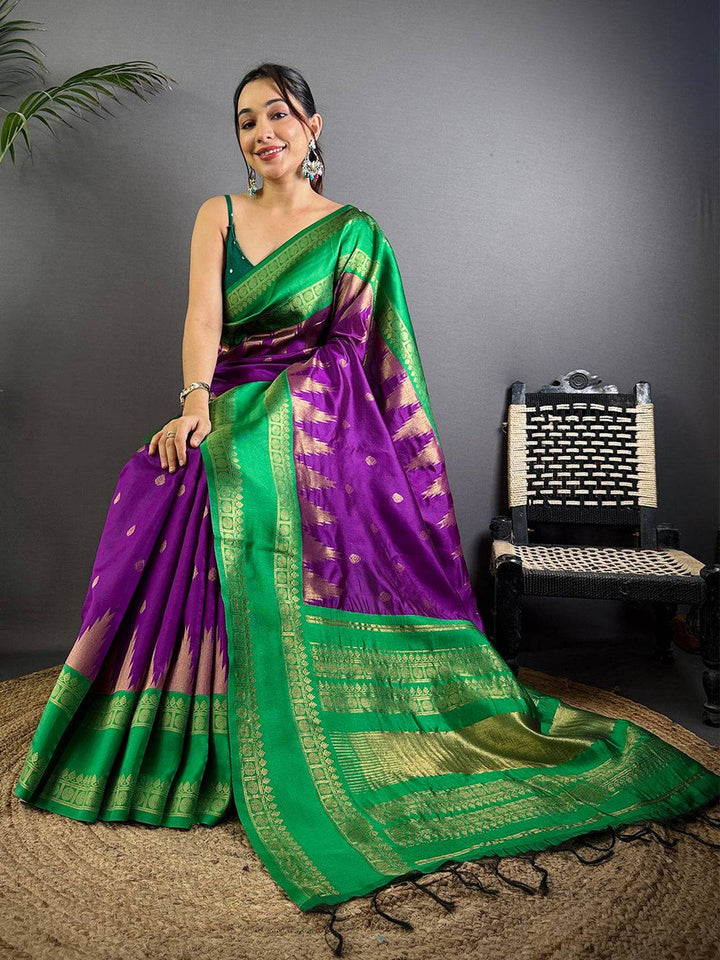 Green & Purple Kanjivaram Banarasi Silk Saree with Golden Zari Weaving Border