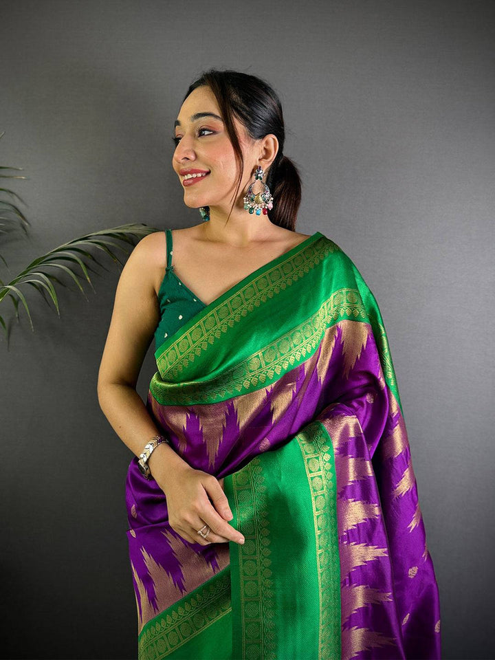 Green & Purple Kanjivaram Banarasi Silk Saree with Golden Zari Weaving Border