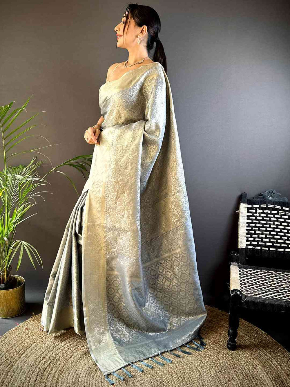 Elegant Silver Banarasi Silk Saree for Women