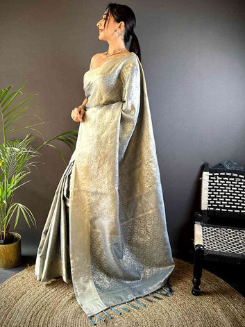 Elegant Silver Banarasi Silk Saree for Women