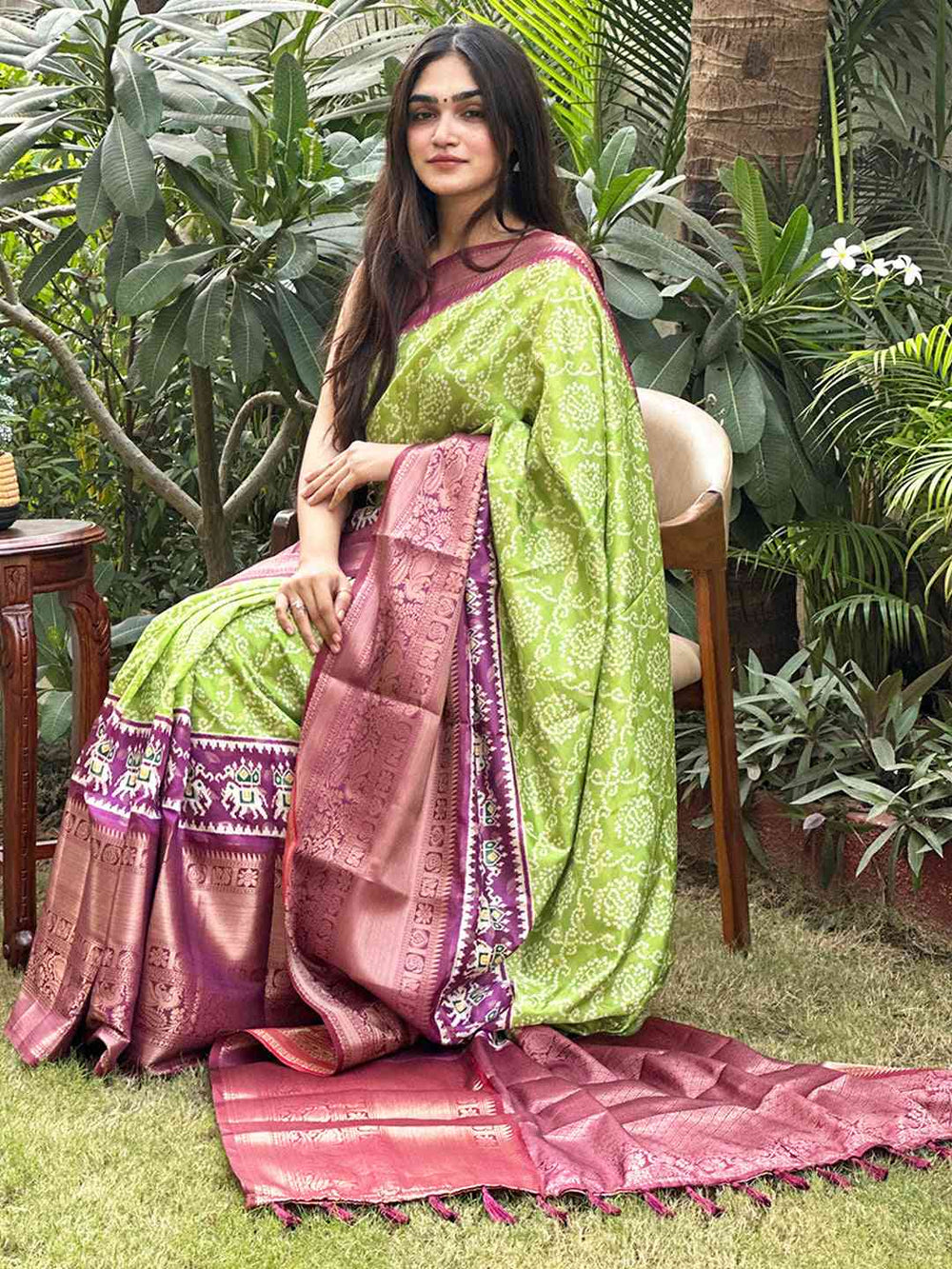 Lime Green Bandhani Soft Silk Saree with Contrast Purple Zari Border
