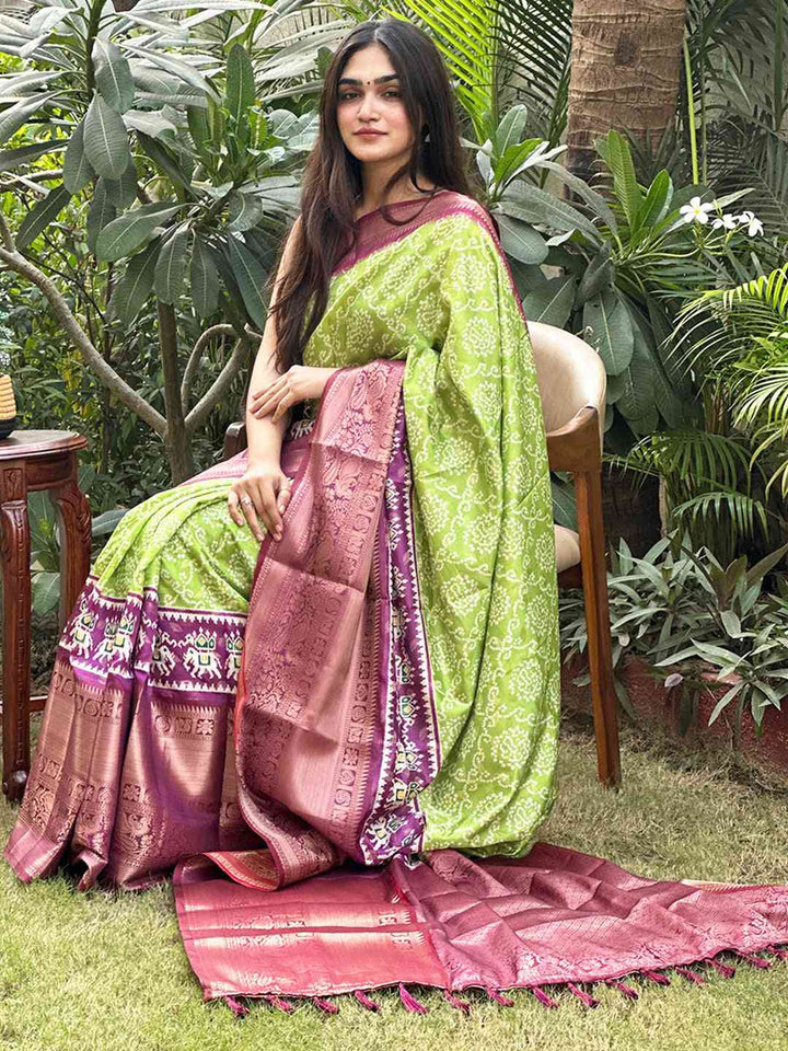 Lime Green Bandhani Soft Silk Saree with Contrast Purple Zari Border
