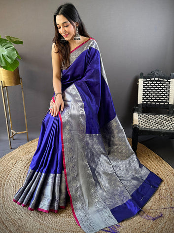 Royal Blue Banarasi Silk Saree with Silver Zari Weaving Border