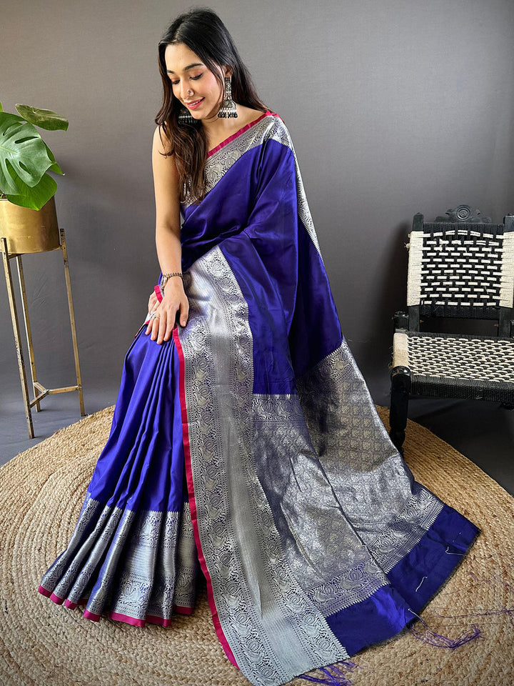 Royal Blue Banarasi Silk Saree with Silver Zari Weaving Border
