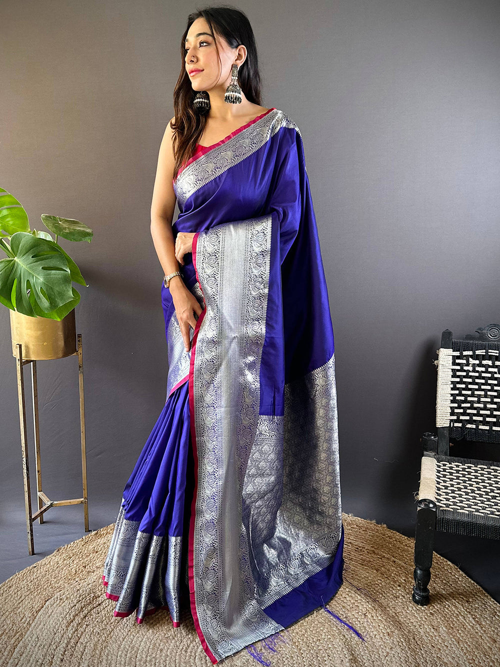 Royal Blue Banarasi Silk Saree with Silver Zari Weaving Border