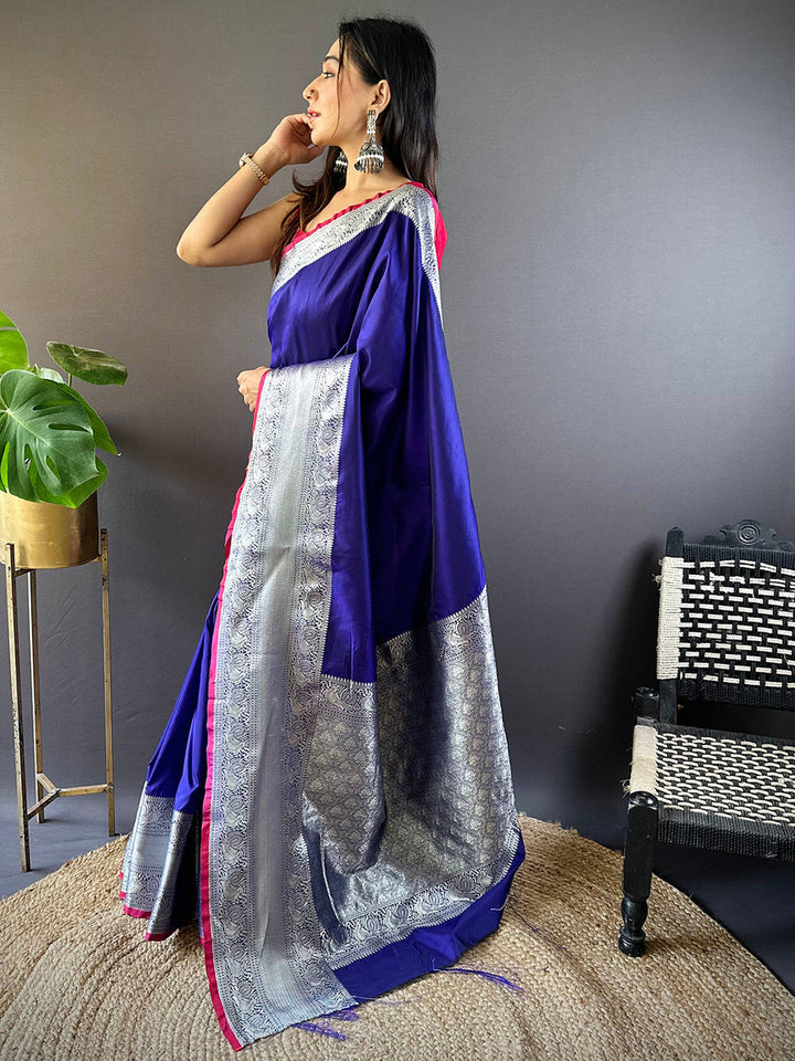 Royal Blue Banarasi Silk Saree with Silver Zari Weaving Border