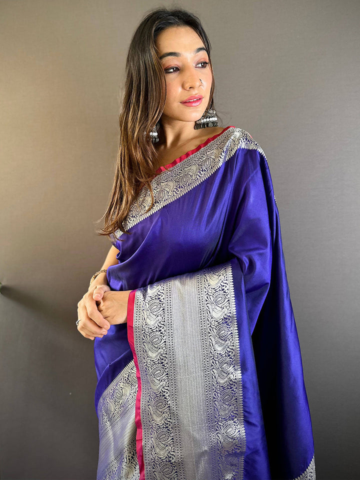 Royal Blue Banarasi Silk Saree with Silver Zari Weaving Border
