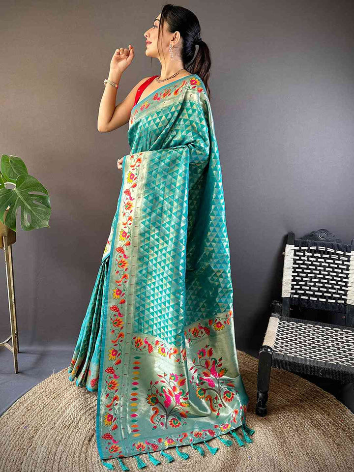 Turquoise Blue Banarasi Silk Saree with Colorful Meenakari Weaving