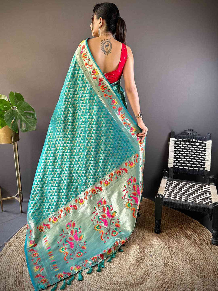 Turquoise Blue Banarasi Silk Saree with Colorful Meenakari Weaving