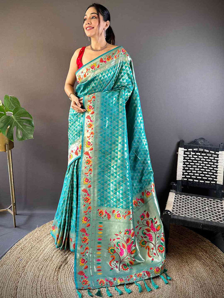 Turquoise Blue Banarasi Silk Saree with Colorful Meenakari Weaving