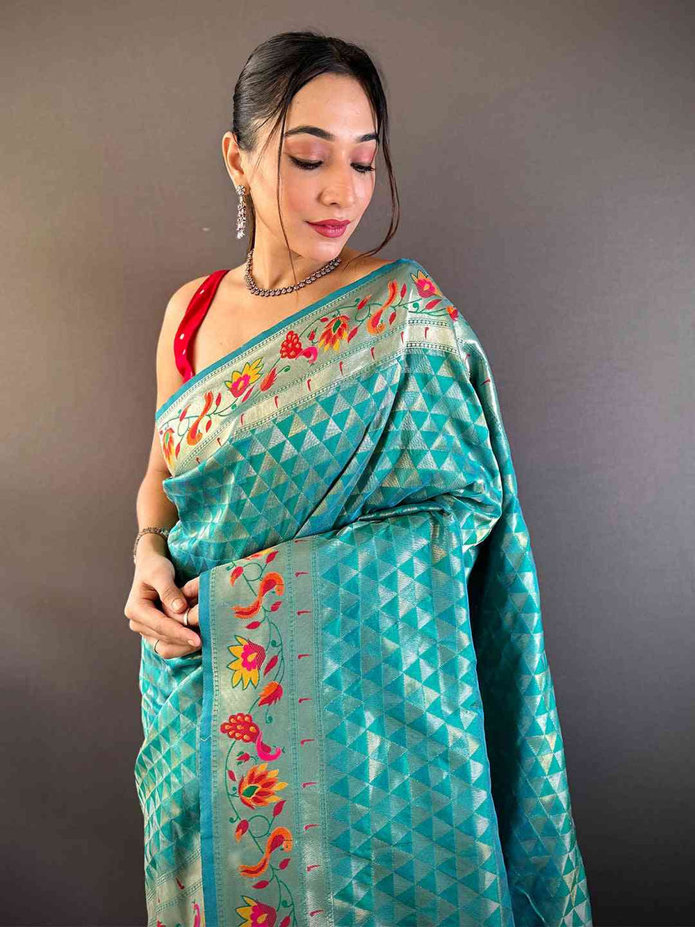 Turquoise Blue Banarasi Silk Saree with Colorful Meenakari Weaving