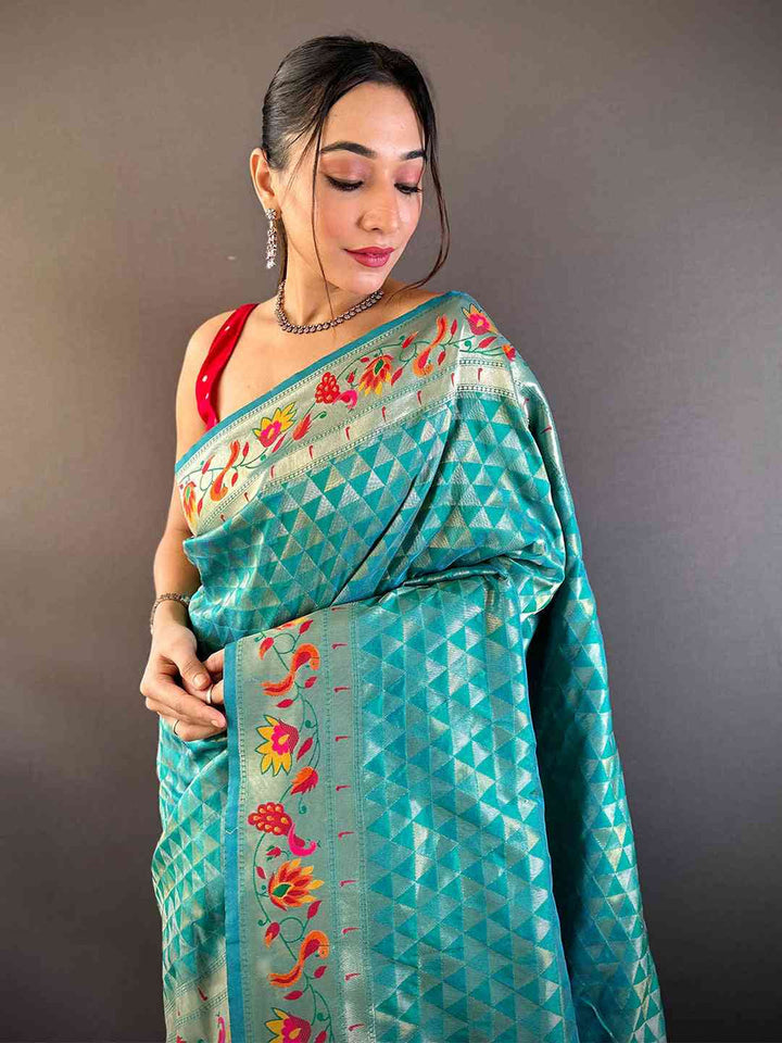 Turquoise Blue Banarasi Silk Saree with Colorful Meenakari Weaving