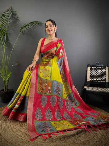Yellow & Red Banarasi Silk Saree with Traditional Patola Panel Design