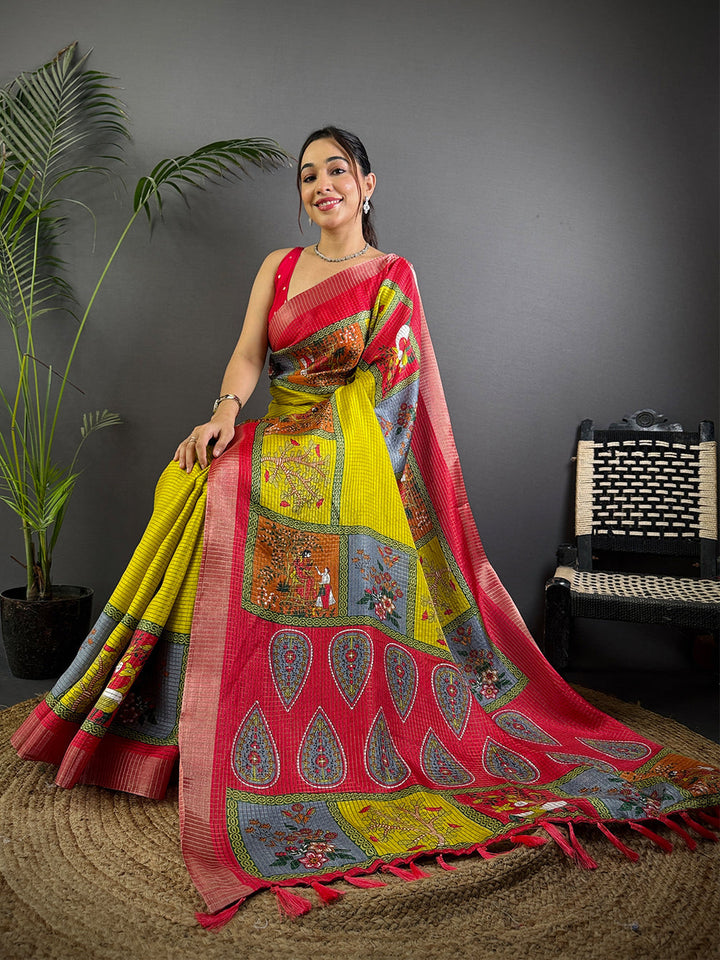 Yellow & Red Banarasi Silk Saree with Traditional Patola Panel Design