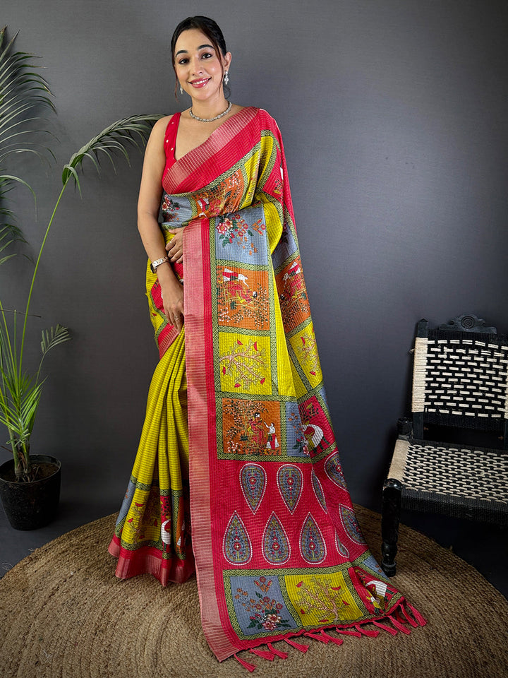 Yellow & Red Banarasi Silk Saree with Traditional Patola Panel Design