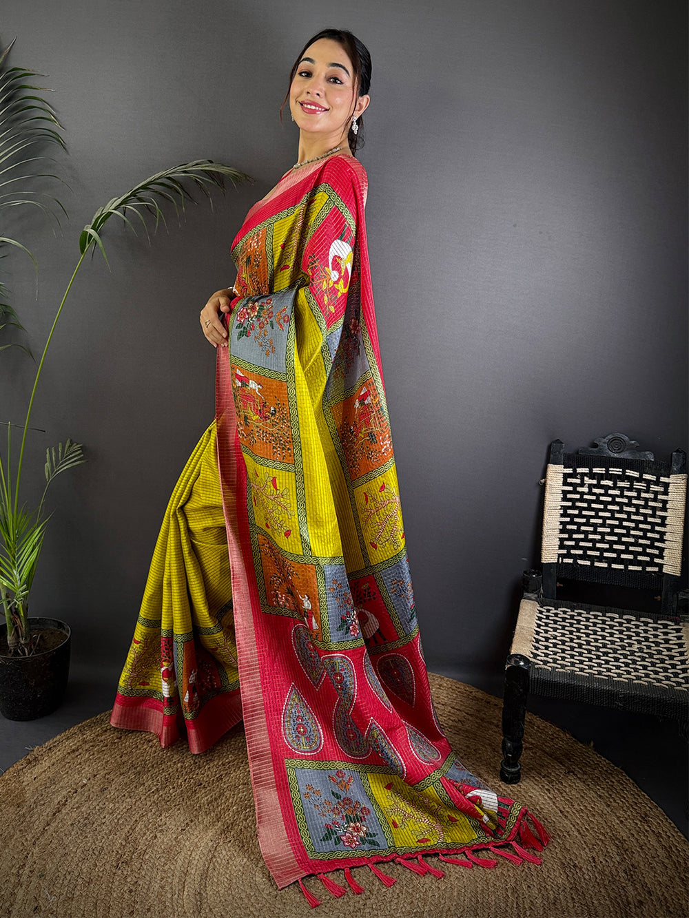 Yellow & Red Banarasi Silk Saree with Traditional Patola Panel Design