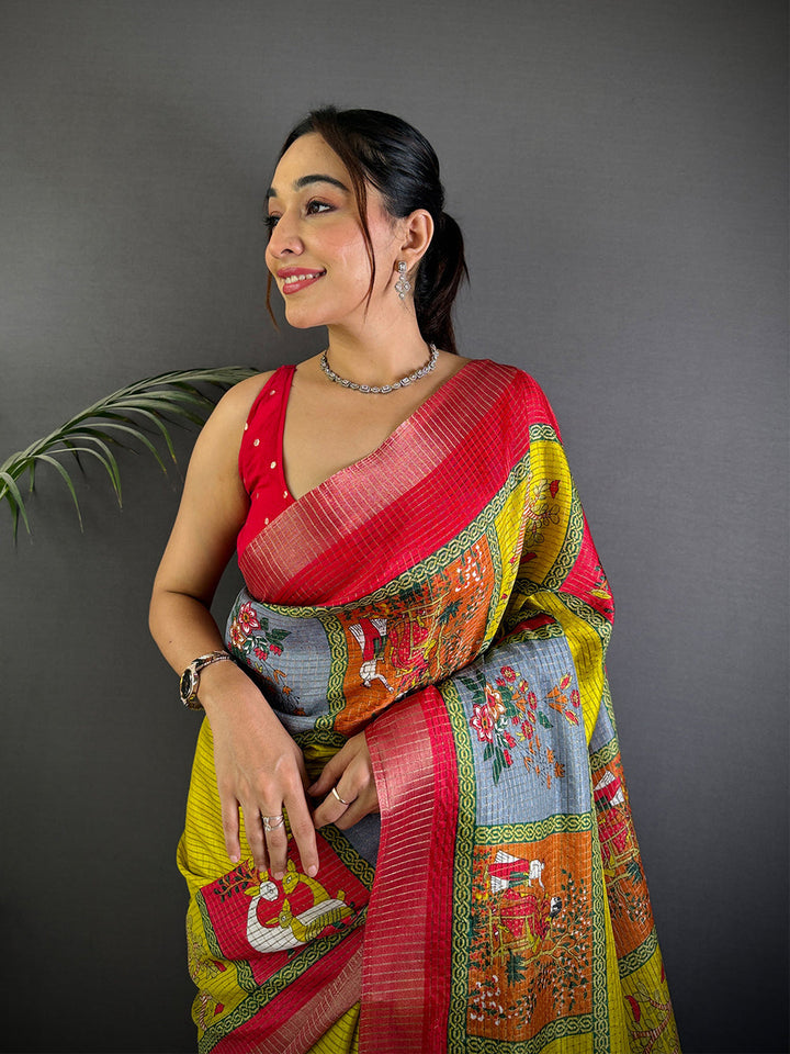 Yellow & Red Banarasi Silk Saree with Traditional Patola Panel Design