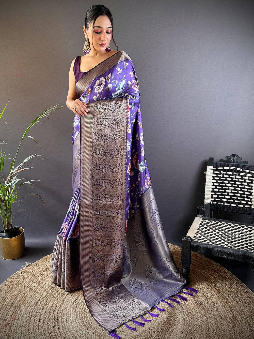 Purple Floral Banarasi Silk Saree with Silver Zari Border