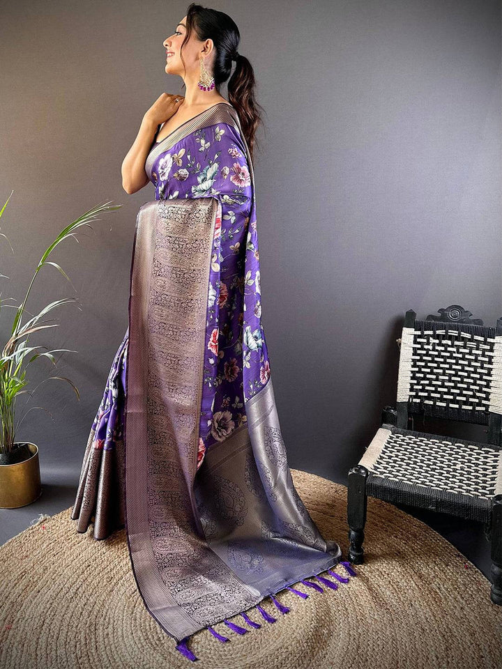 Purple Floral Banarasi Silk Saree with Silver Zari Border