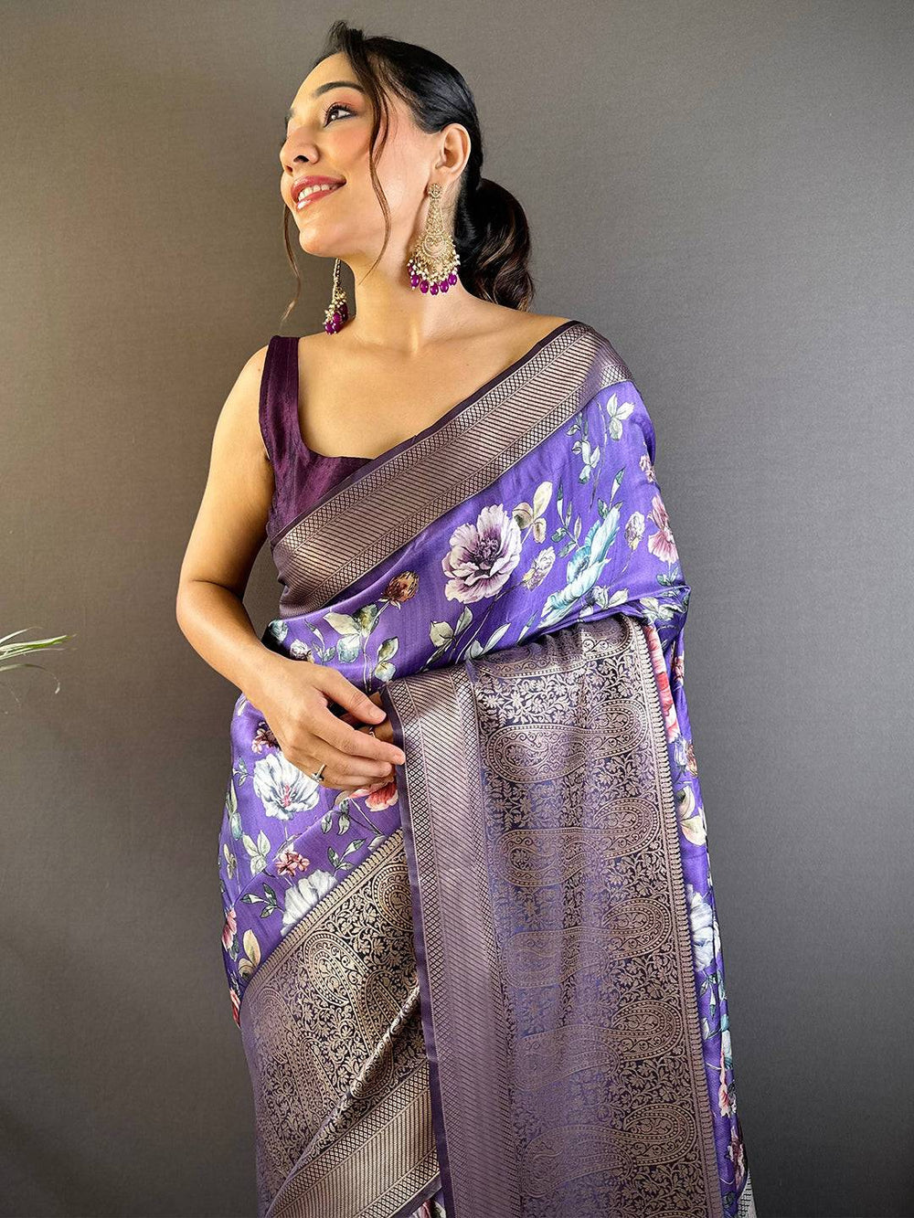 Purple Floral Banarasi Silk Saree with Silver Zari Border