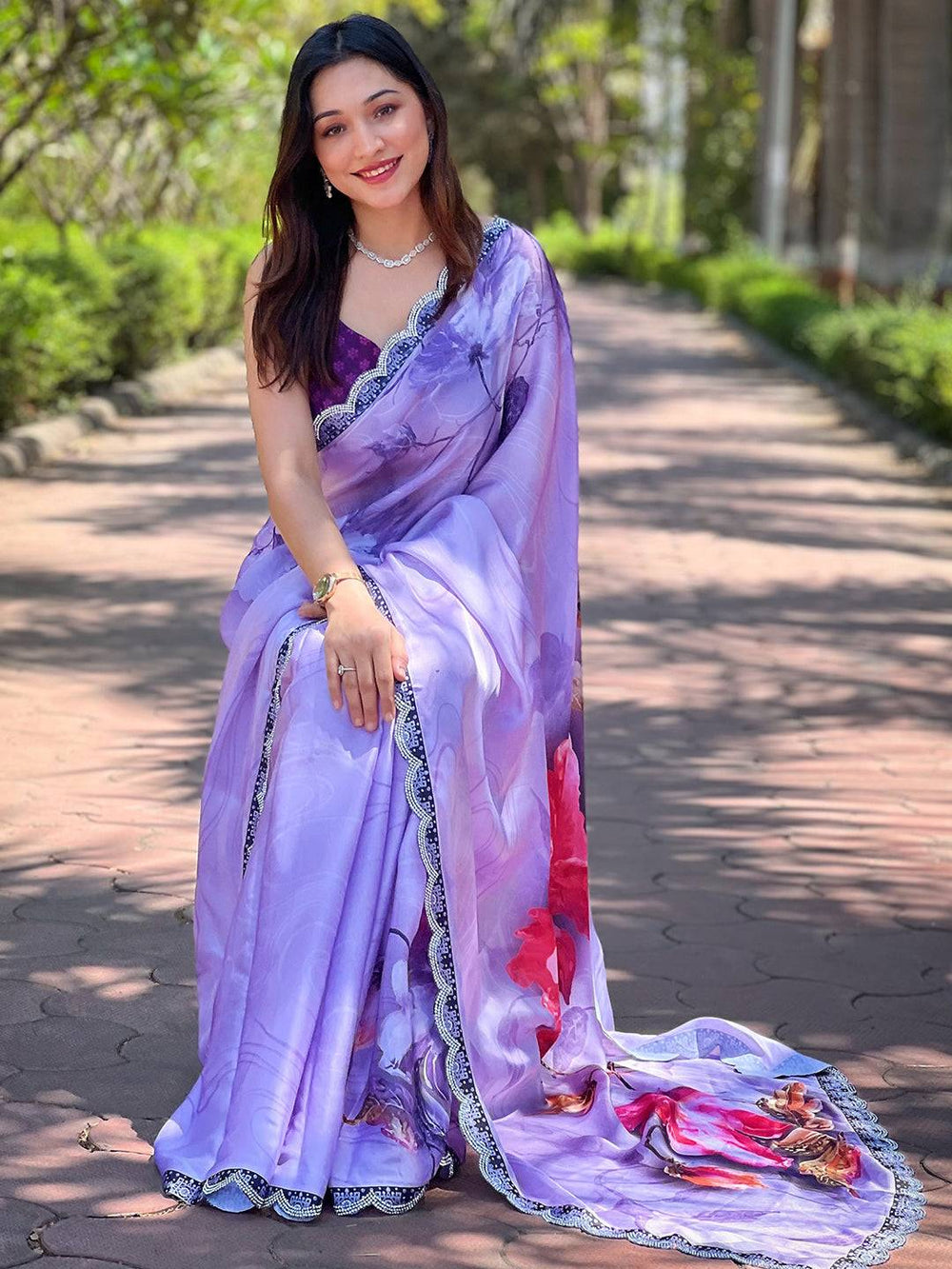 Pastel Lavender Organza Saree with Watercolor Print & Scallop Border