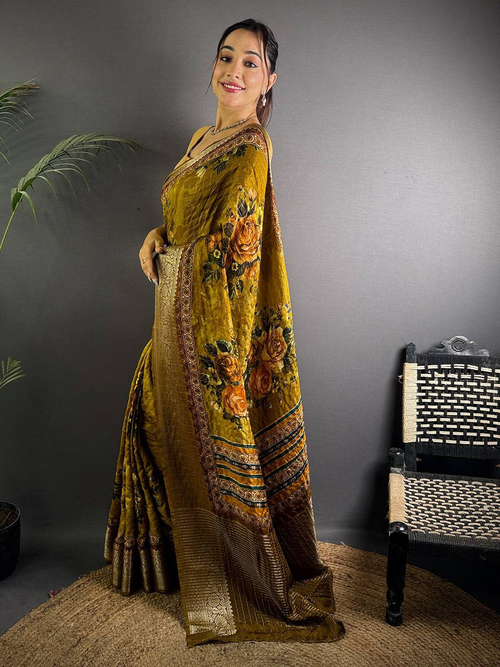 Mustard Yellow Banarasi Silk Saree with Floral Print & Rich Zari Pallu