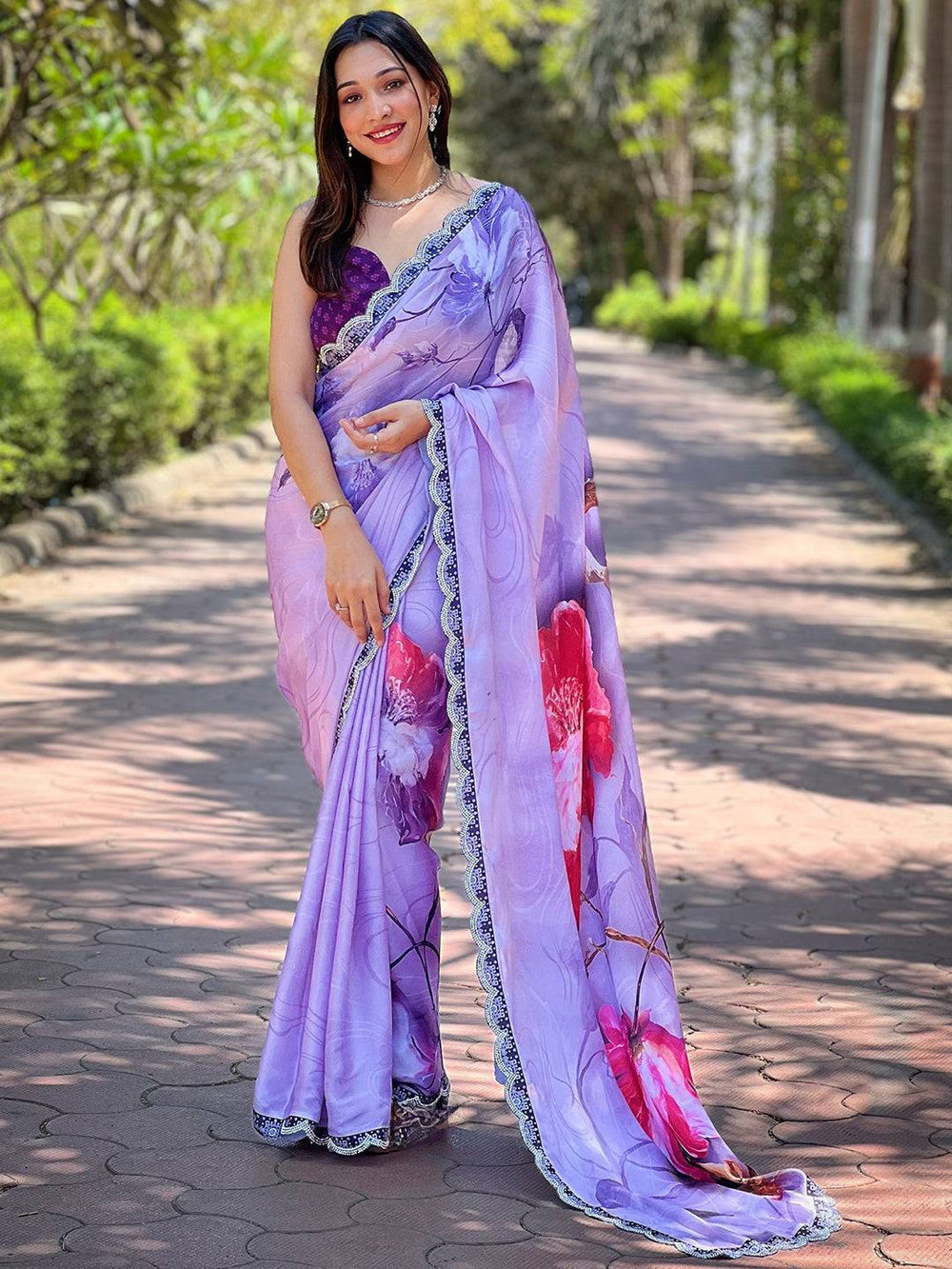 Pastel Lavender Organza Saree with Watercolor Print & Scallop Border