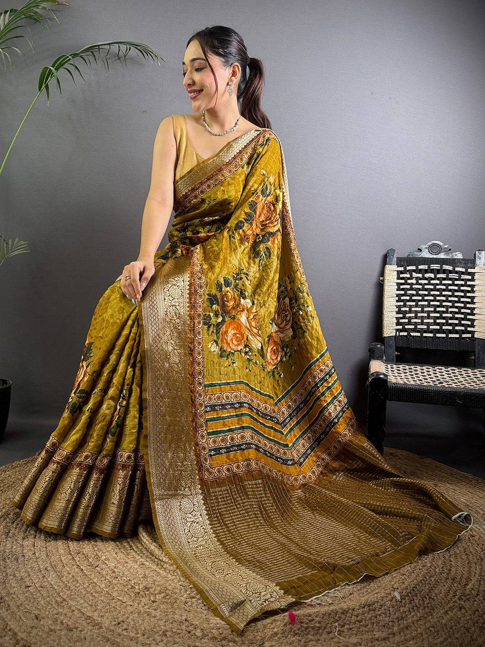 Mustard Yellow Banarasi Silk Saree with Floral Print & Rich Zari Pallu