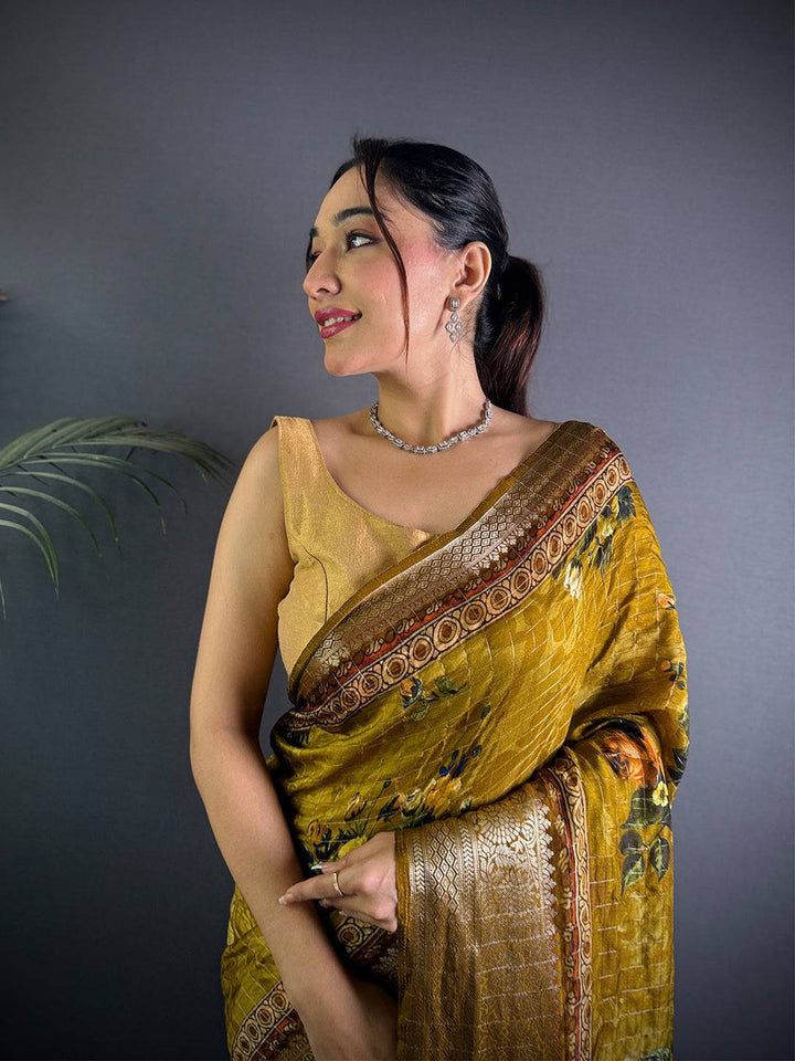 Mustard Yellow Banarasi Silk Saree with Floral Print & Rich Zari Pallu