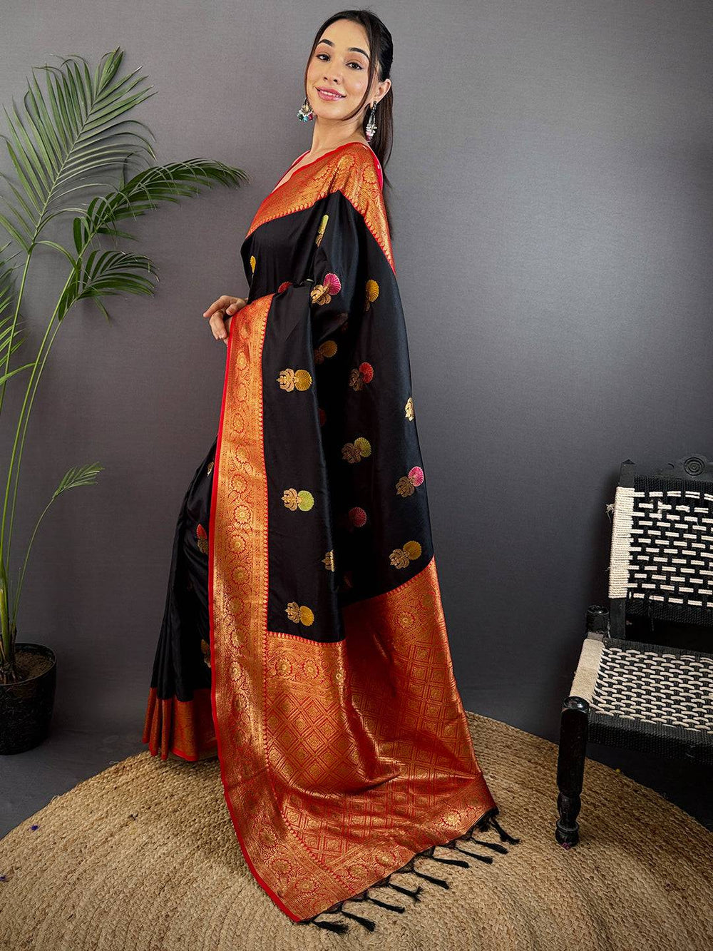 Black Banarasi Silk Saree with Red Zari Border & Multi Color Butta