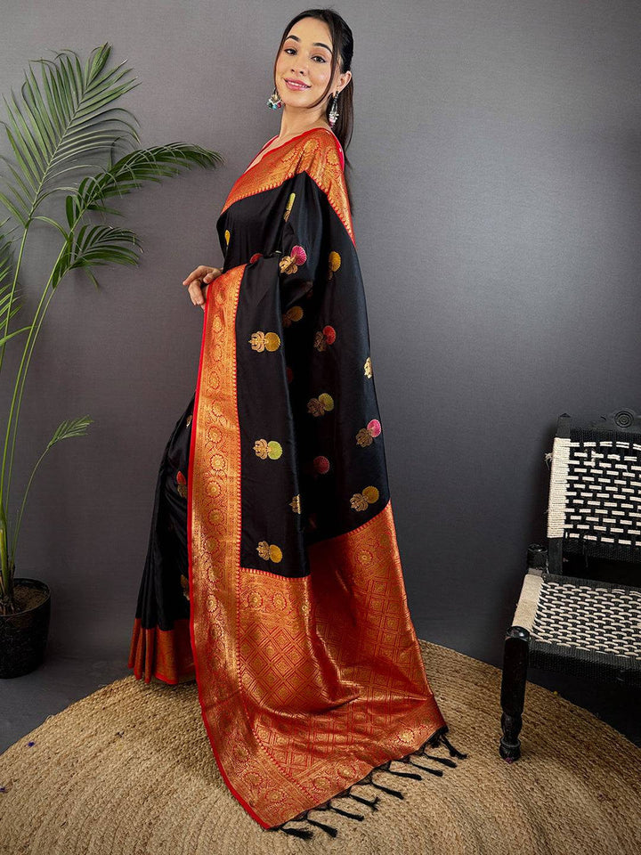 Black Banarasi Silk Saree with Red Zari Border & Multi Color Butta