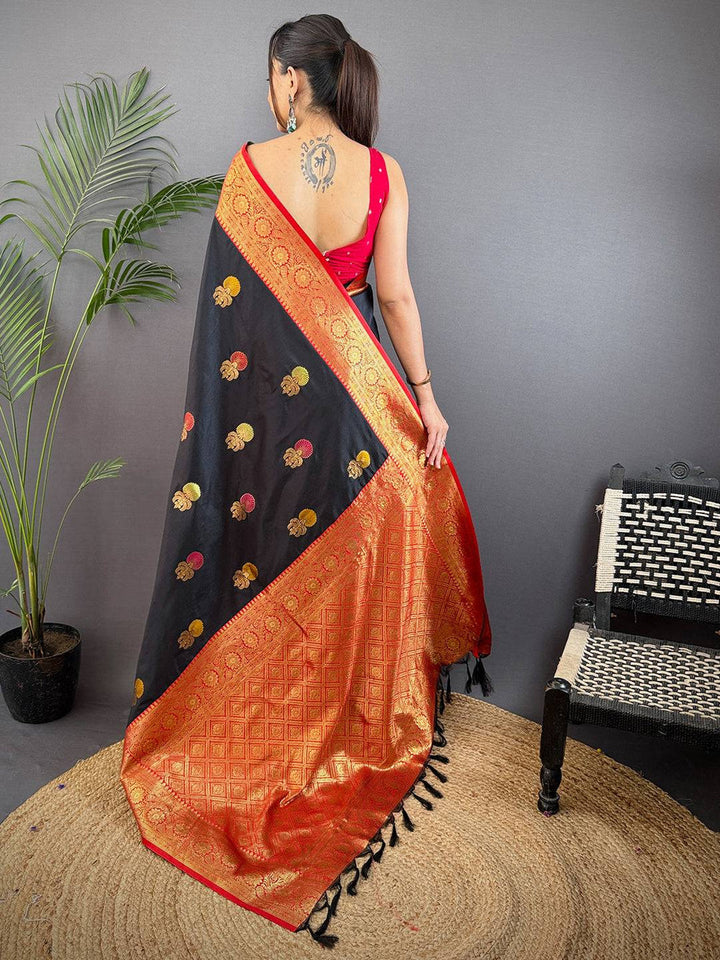 Black Banarasi Silk Saree with Red Zari Border & Multi Color Butta