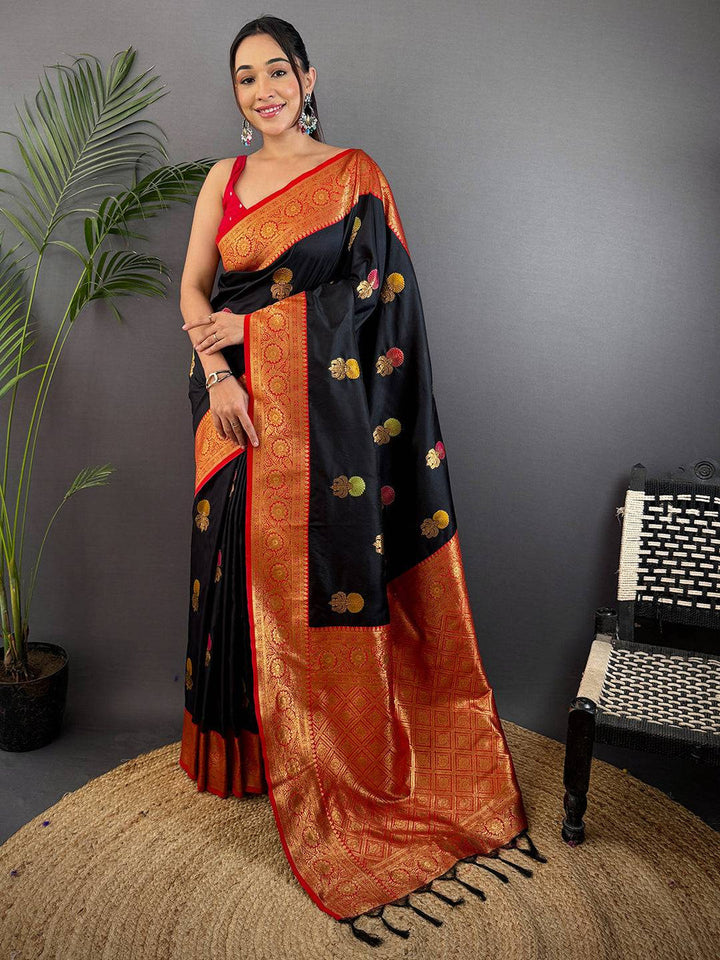 Black Banarasi Silk Saree with Red Zari Border & Multi Color Butta